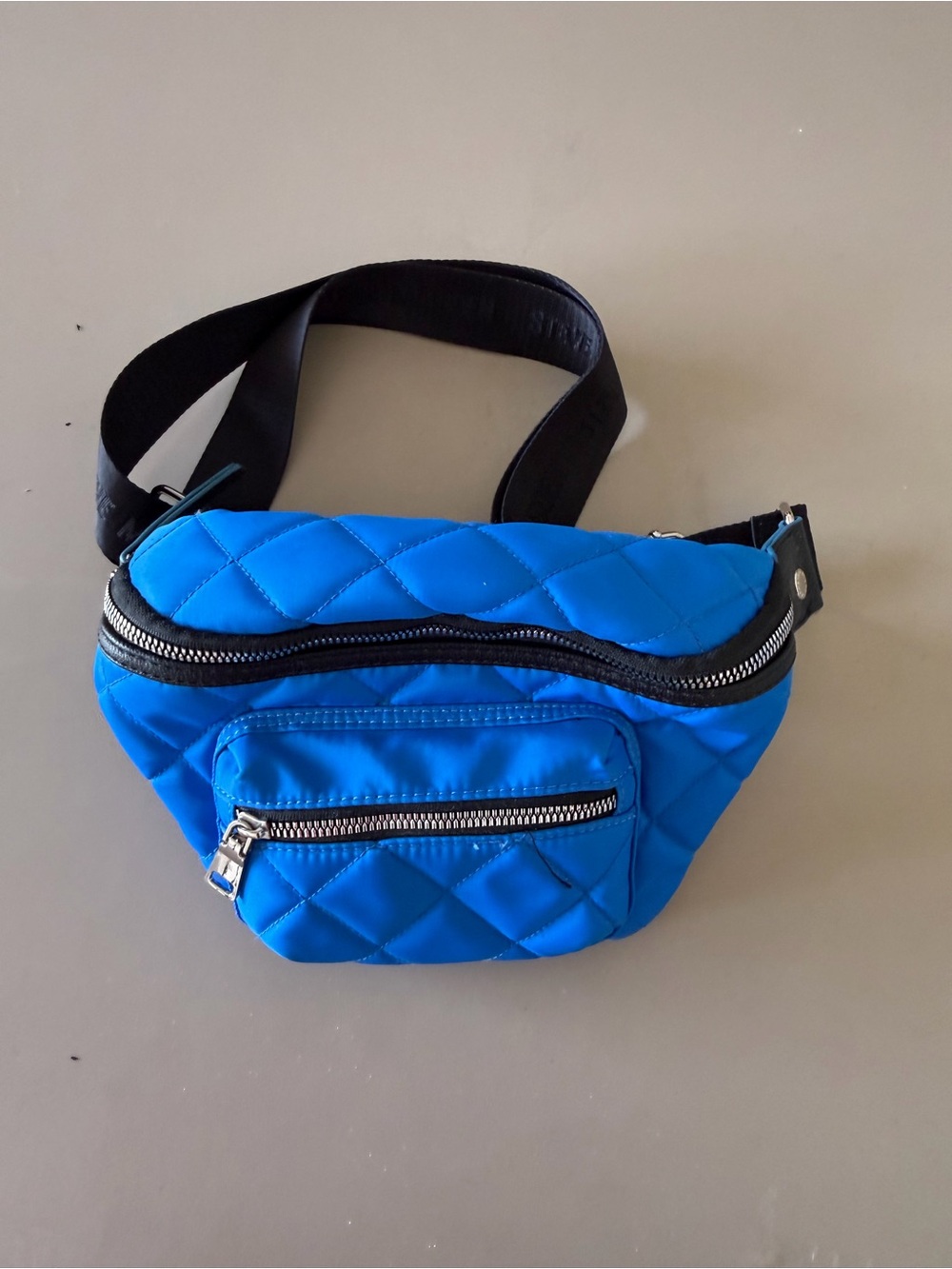 Steve Madden Quilted Blue Belt Bag with Black Strap
